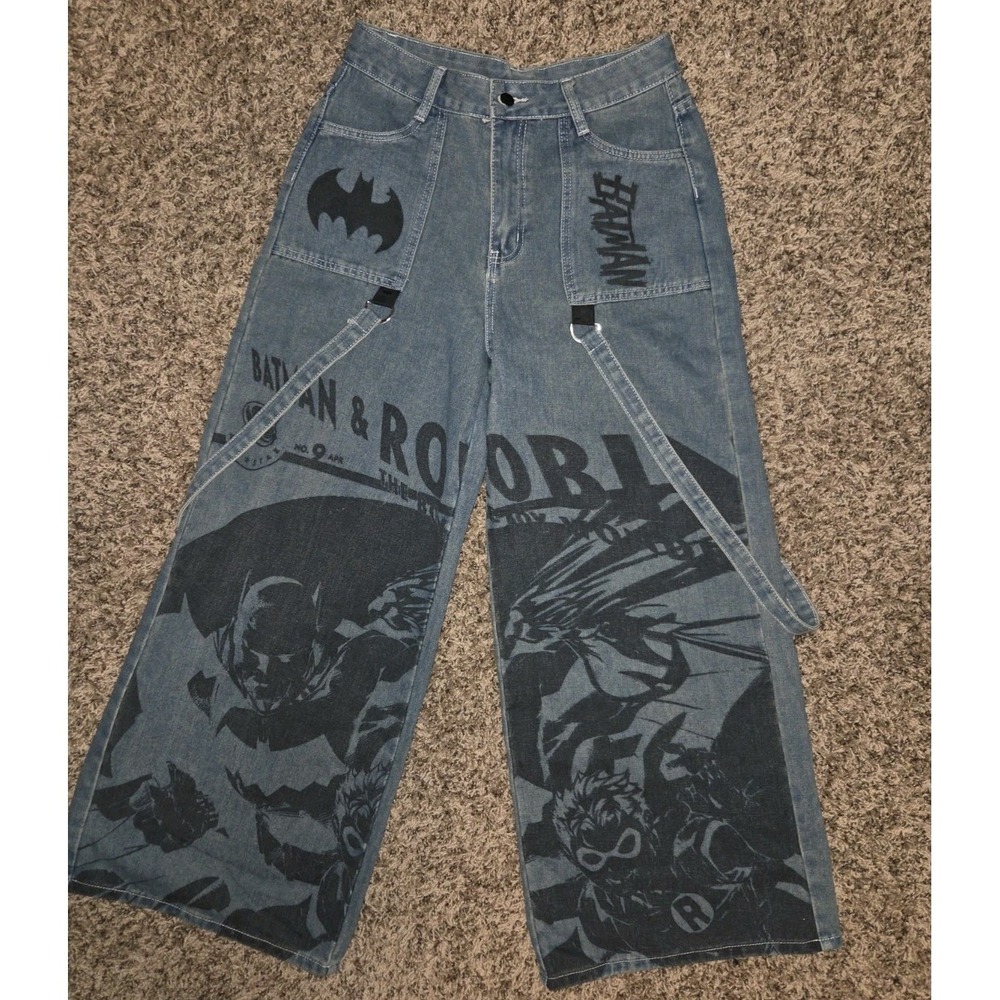 Batman and Robin Jeans Womens 8/10 Large Black Wide Leg Suspenders Graphic Print